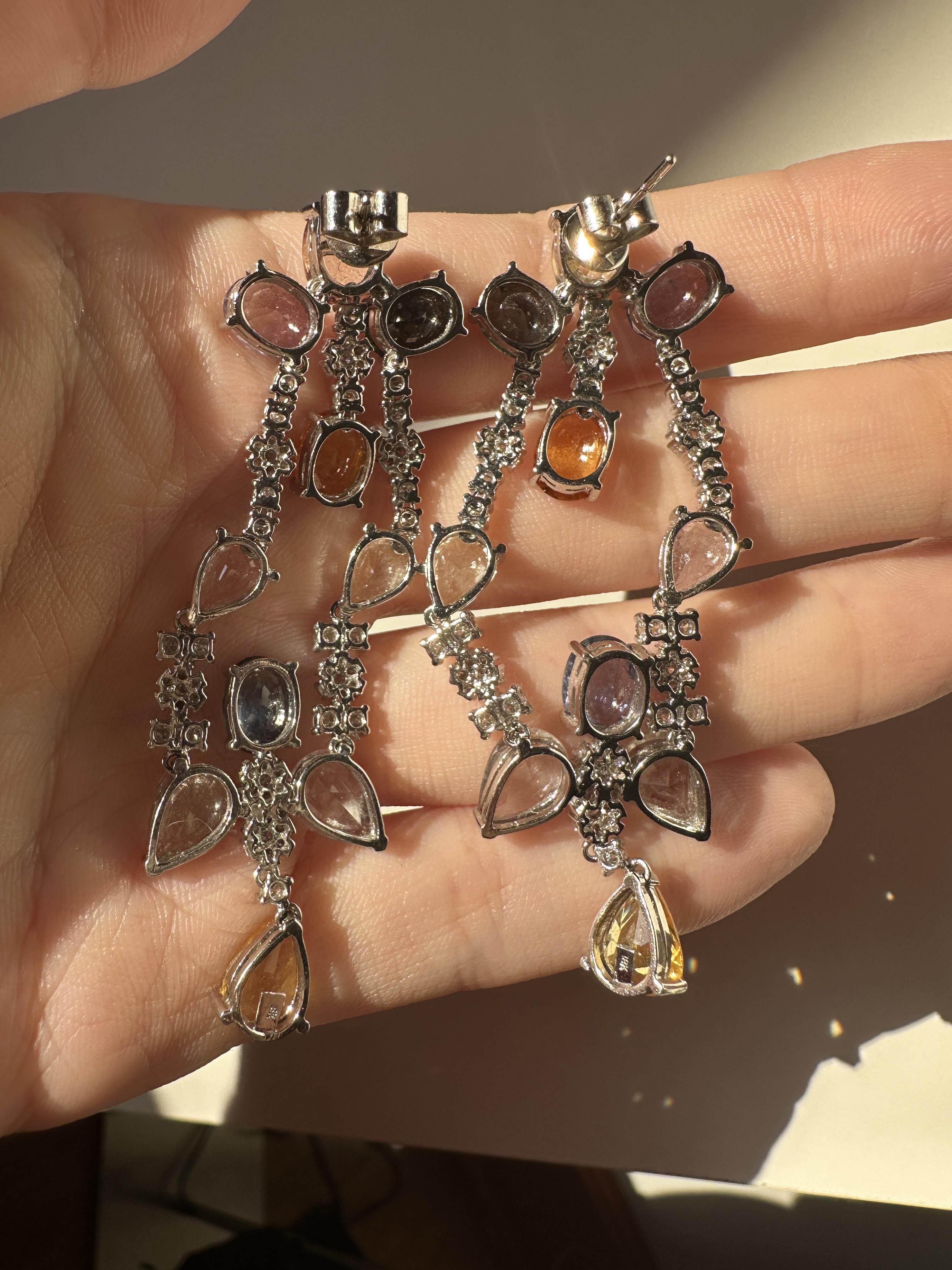 Pendientes Gota Zafiro Multicolor Oro Blanco 18k Corte redondo en venta