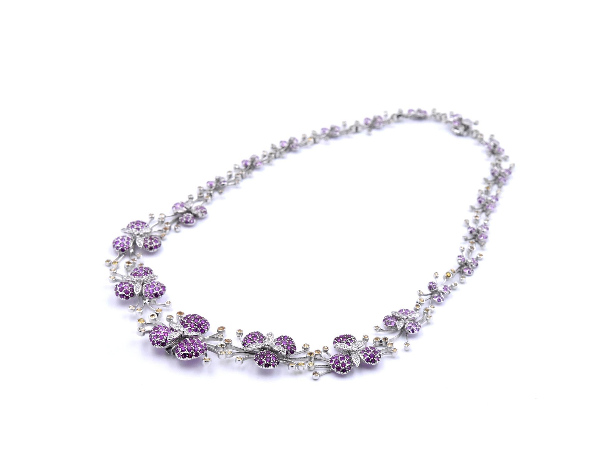 Round Cut 18 Karat White Gold Multicolored Sapphire and Diamond Floral Necklace