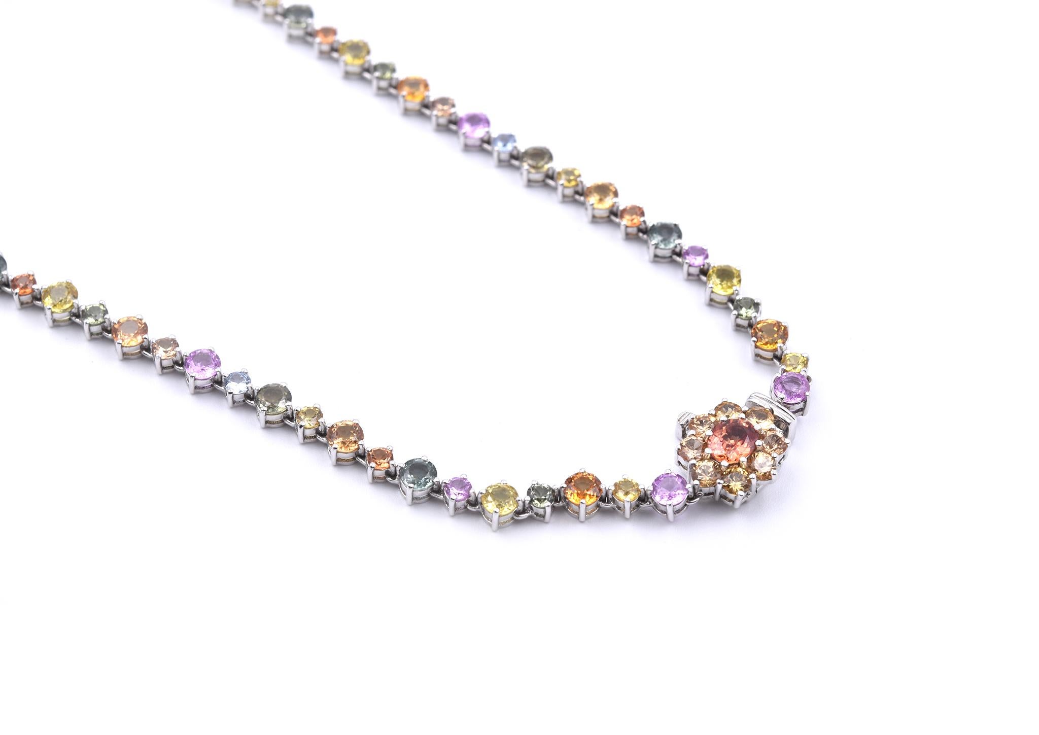 18 Karat White Gold Multicolored Sapphire and Diamond Floral Necklace In Excellent Condition For Sale In Scottsdale, AZ