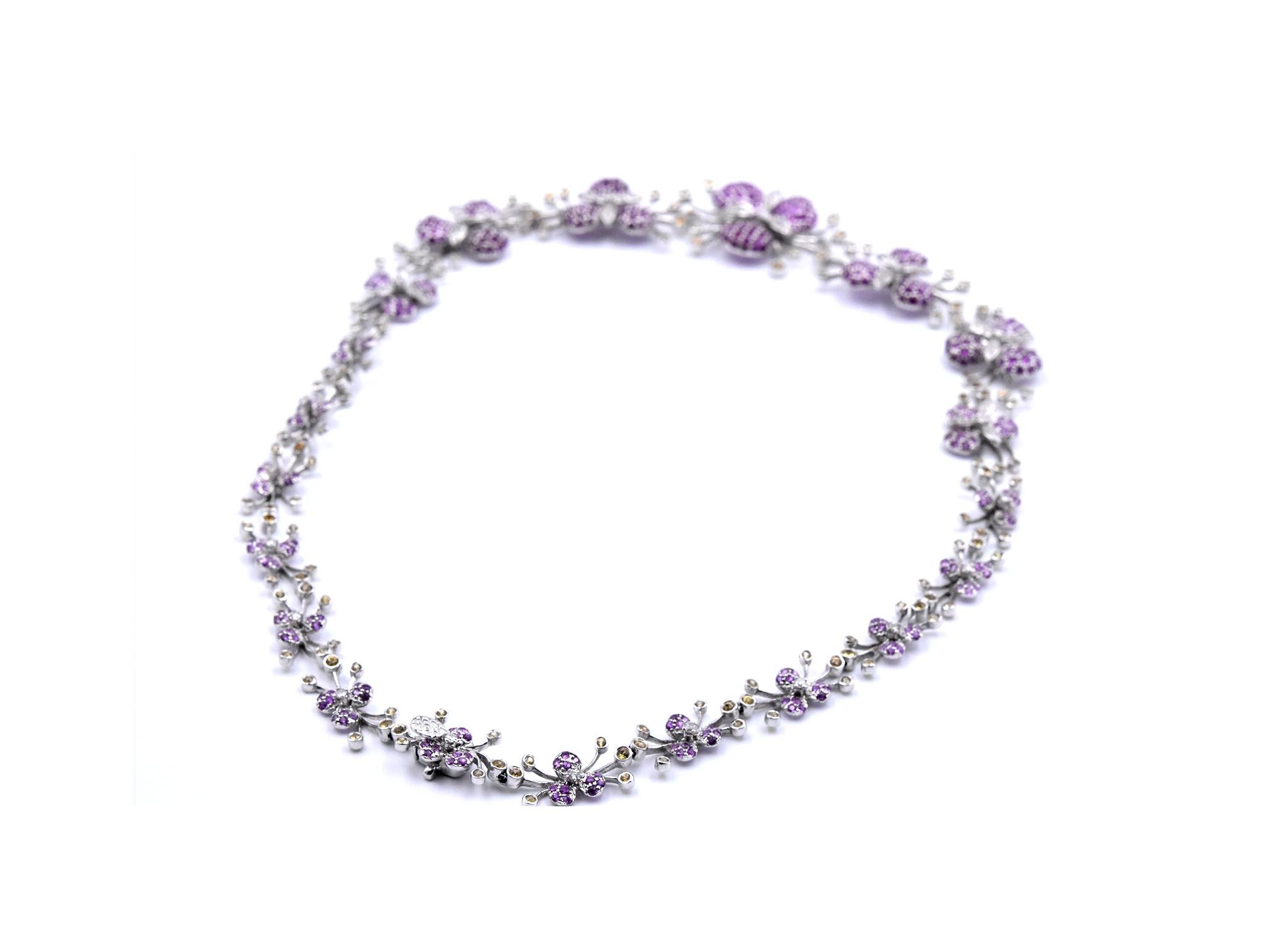 18 Karat White Gold Multicolored Sapphire and Diamond Floral Necklace In Excellent Condition In Scottsdale, AZ