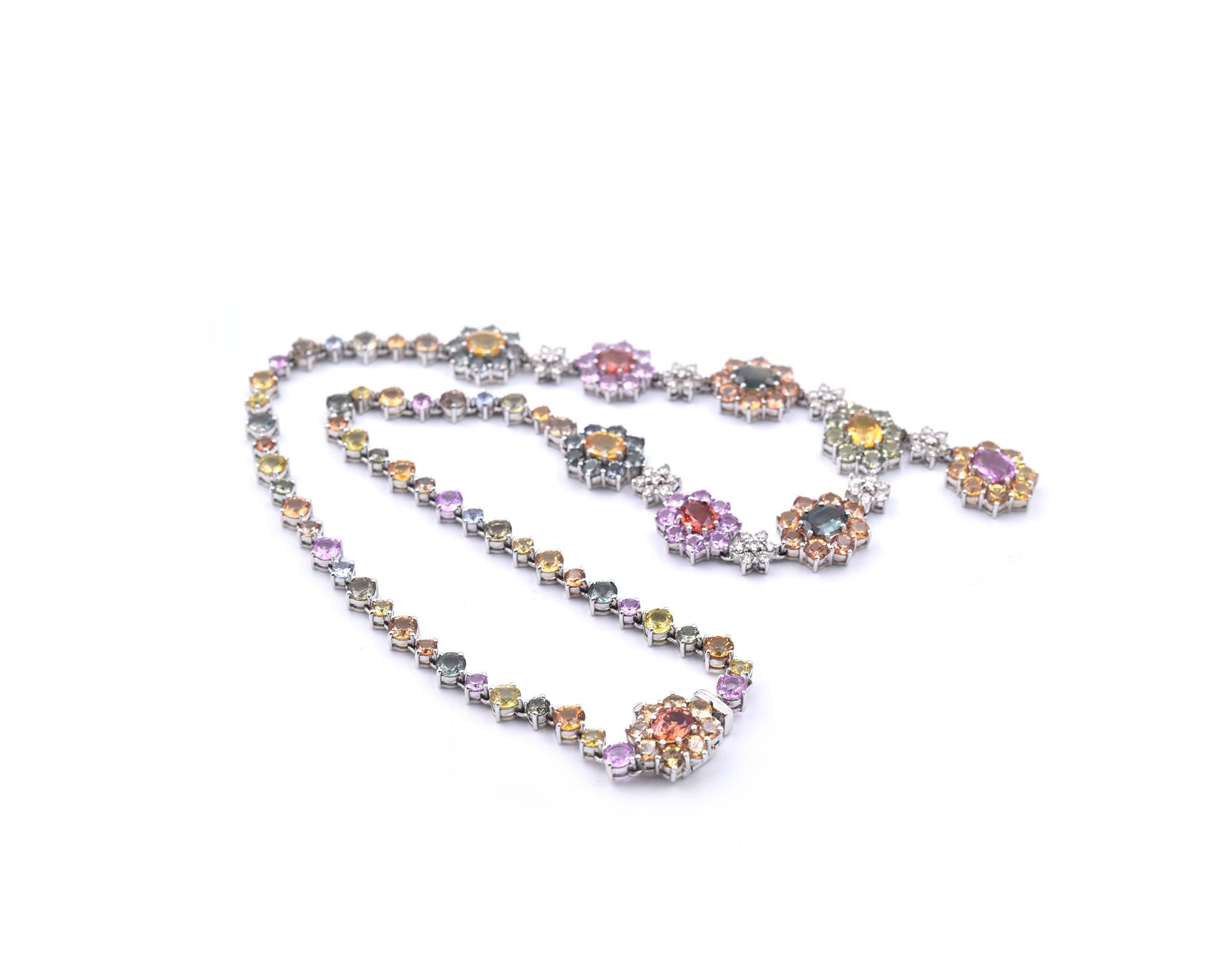 Women's 18 Karat White Gold Multicolored Sapphire and Diamond Floral Necklace For Sale