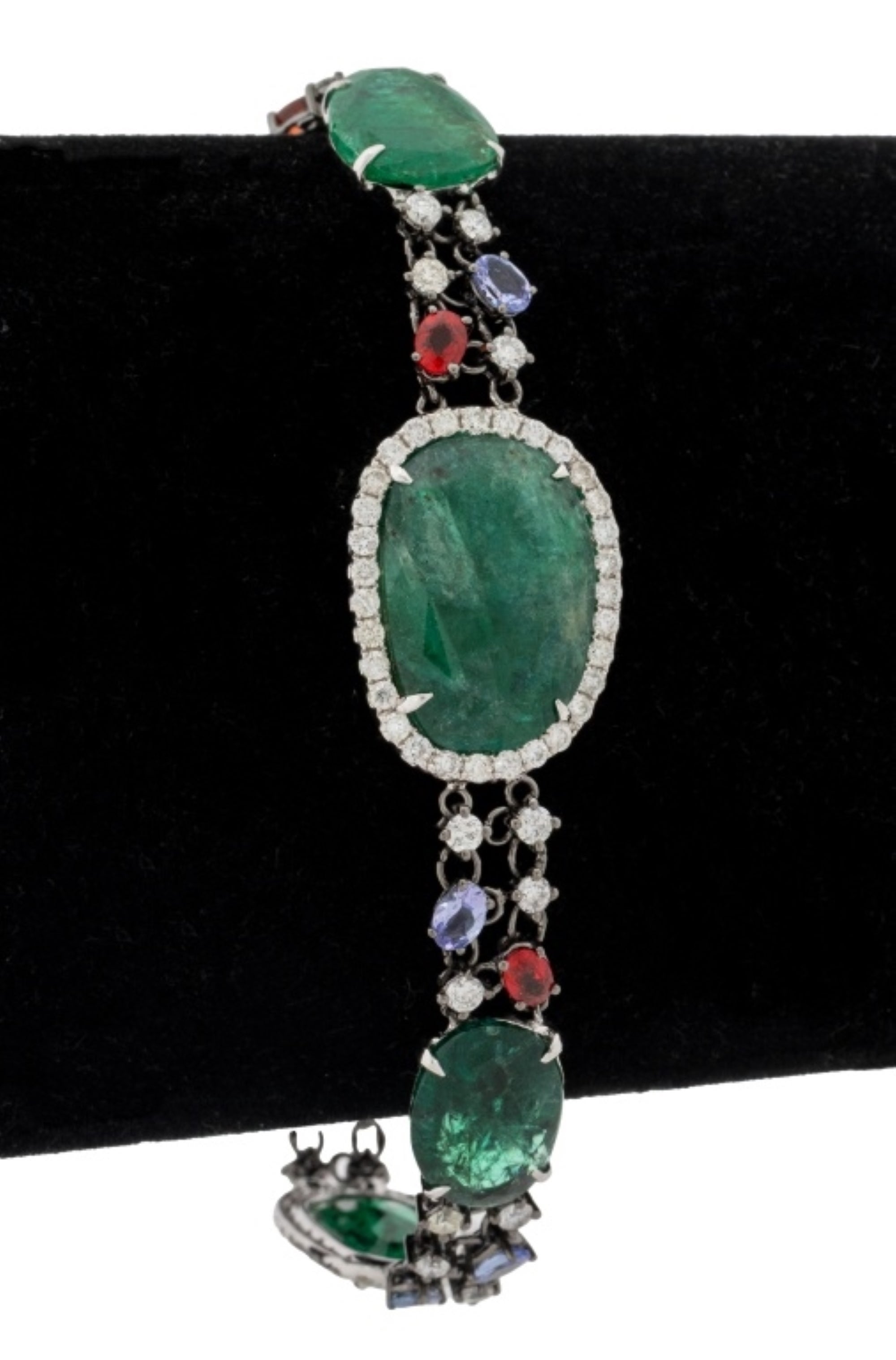 18K White Gold Emerald, Sapphire, Tanzanite Diamond Bracelet, 20.30ct For Sale