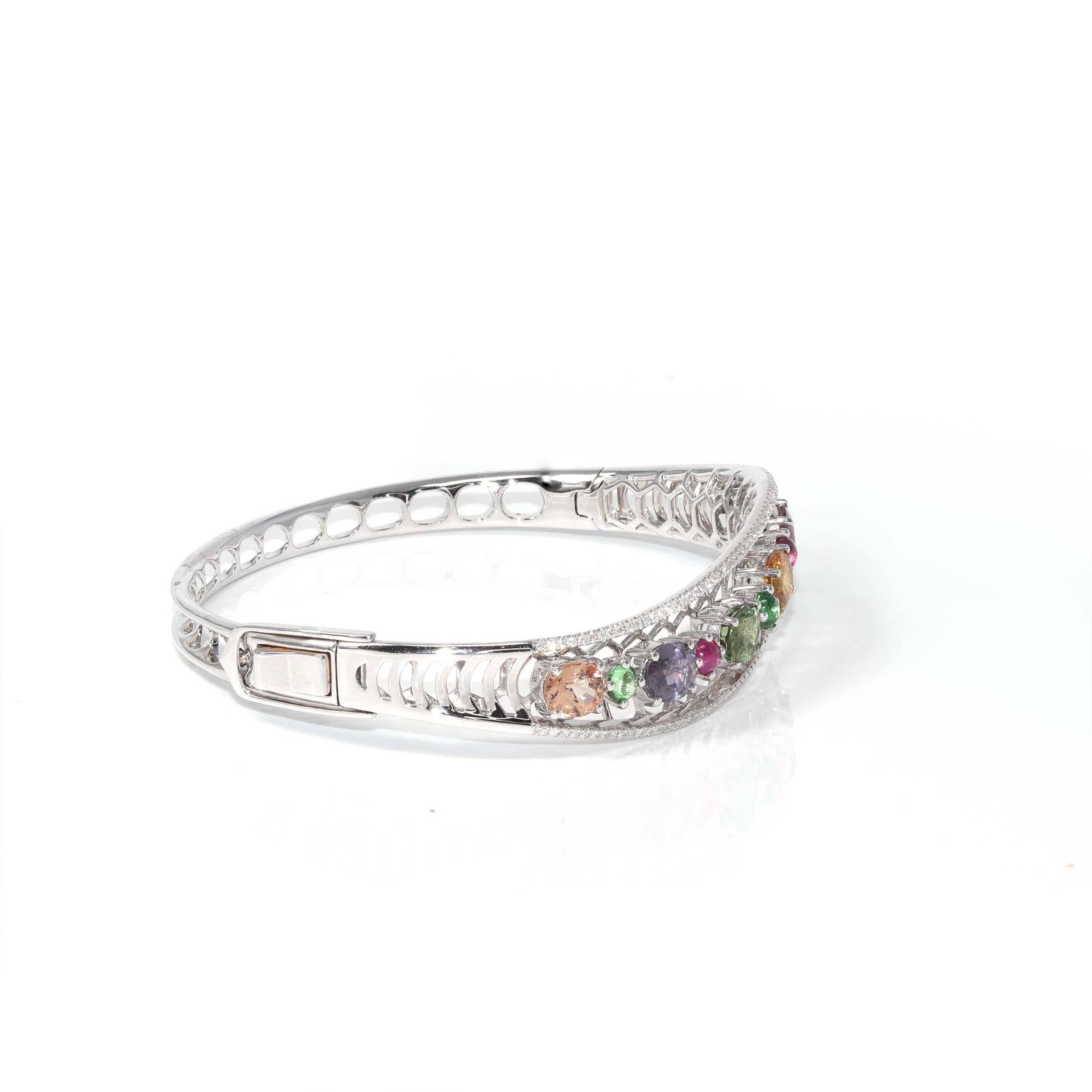 Oval Cut 18K White Gold Multiple Colors Sapphire Diamond Hinge Bangle Bracelet For Sale