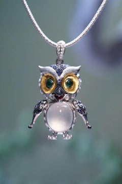 18K White Gold Myanmar Jadeite & Emerald Owl Pendant with Diamonds