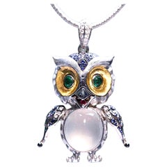 18K White Gold Myanmar Jadeite & Emerald Owl Pendant with Diamonds