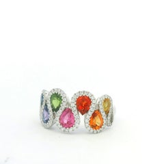 18K White Gold Natural 1.52 Carat Diamond & Multi-Color Pear Shape Sapphire Ring