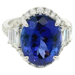 18k White Gold Natural 8.20 Carat Oval Tanzanite and Diamond Halo Ring