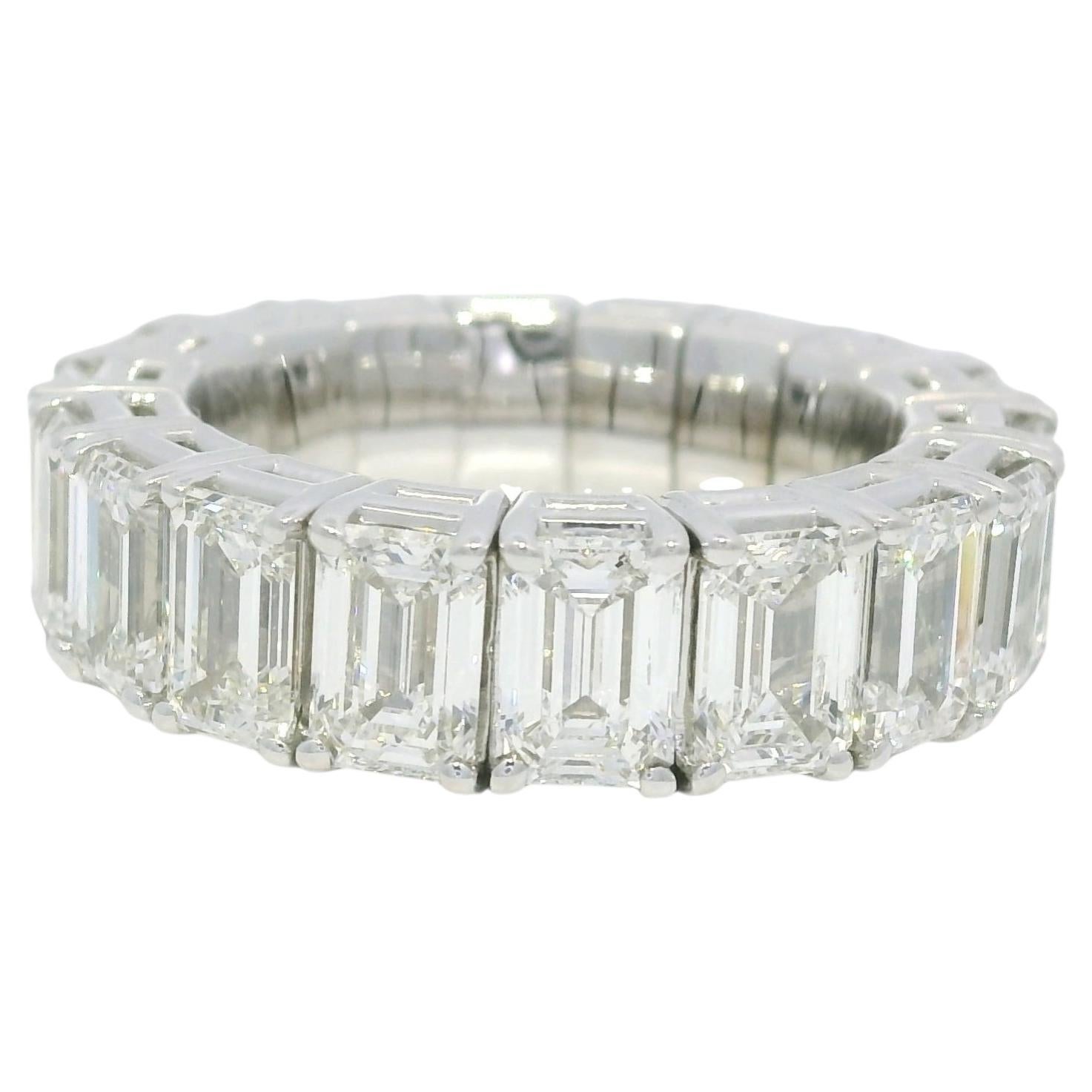 18K White Gold Natural 9.23 Carat Emerald Cut Diamond Flexible Eternity Ring