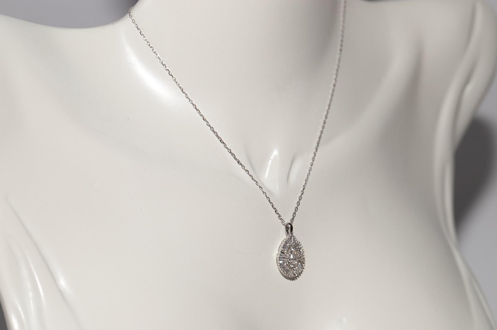 Women's 18k White Gold Natural Baguette Cut Diamond Decorated Drop Pendant Necklace For Sale