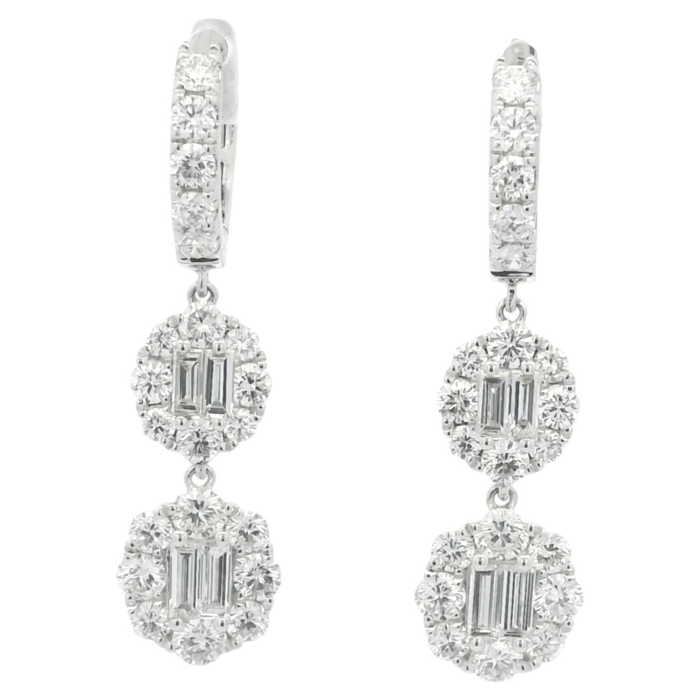 18K White Gold Natural Baguette & Round Brilliant Diamond Drop Earrings In Stock For Sale