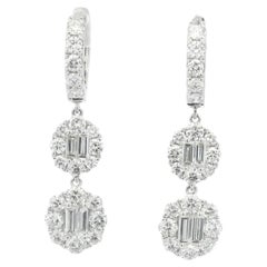 18K White Gold Natural Baguette & Round Brilliant Diamond Drop Earrings In Stock