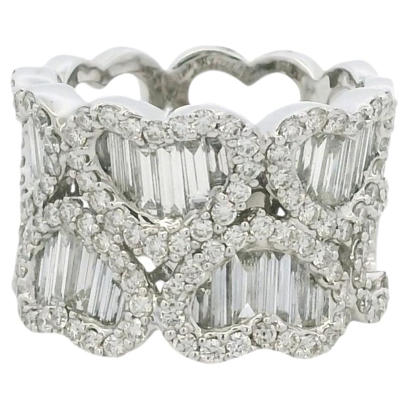 Anello con cuore a mosaico in oro bianco 18 carati con diamanti naturali a baguette e brillanti rotondi