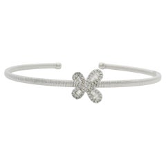 18K White Gold Natural Baguette & Round Diamond Narrow Flower Cuff Bracelet