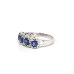18k White Gold Natural Blue Sapphire Four Stones Set Band Ring with Diamonds