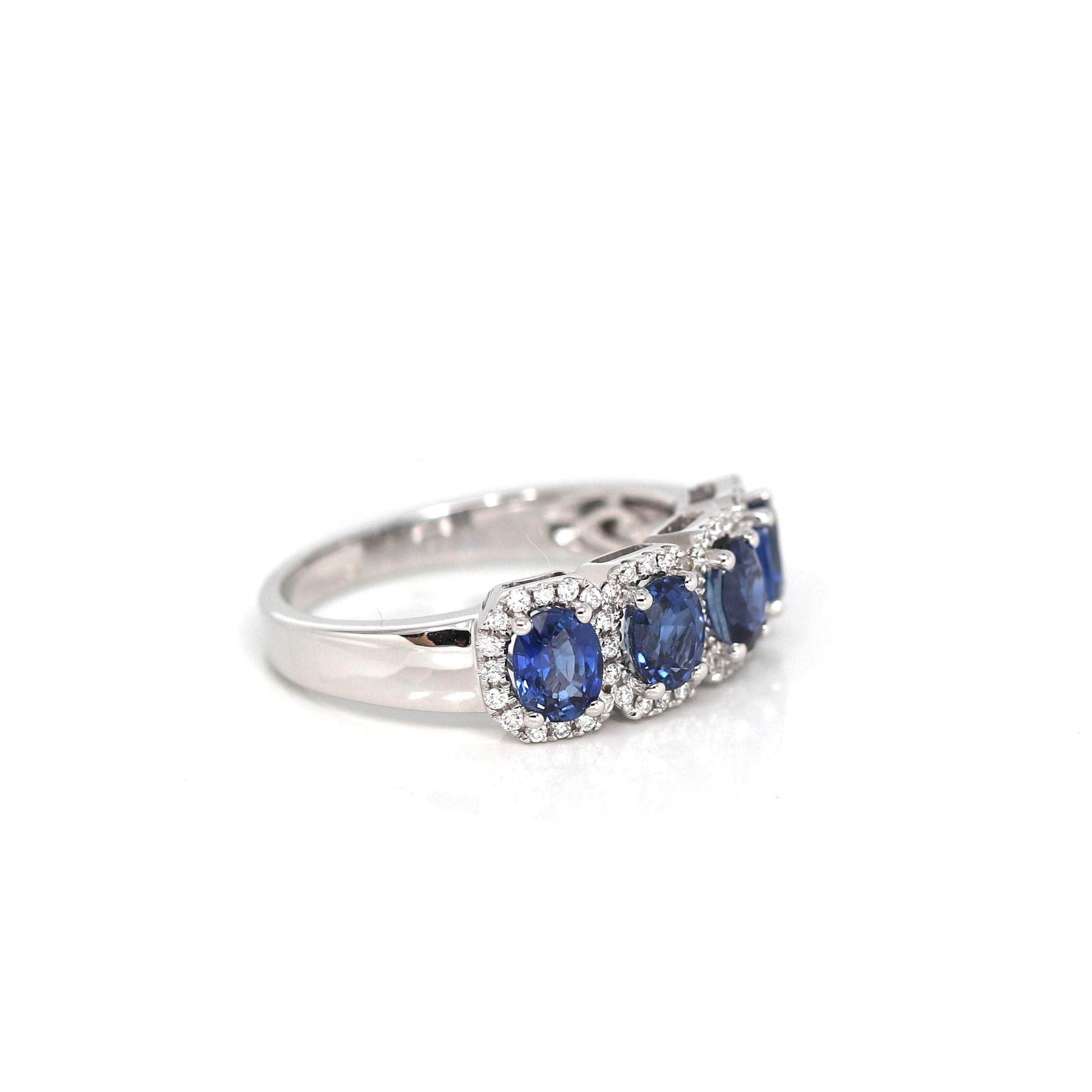 Artist 18k White Gold Natural Blue Sapphire Four Stones Set Band Ring with Diamonds For Sale