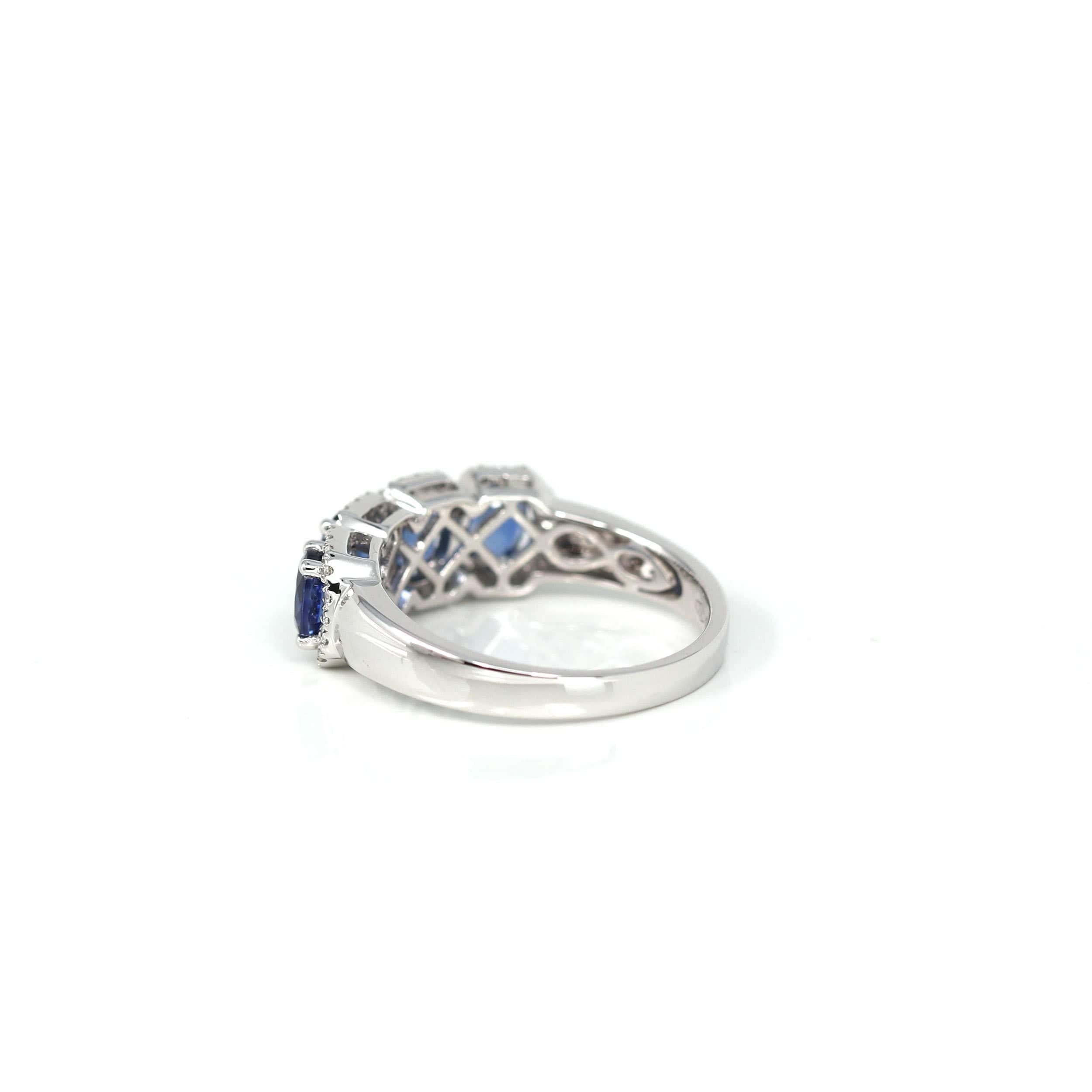Oval Cut 18k White Gold Natural Blue Sapphire Four Stones Set Band Ring with Diamonds For Sale