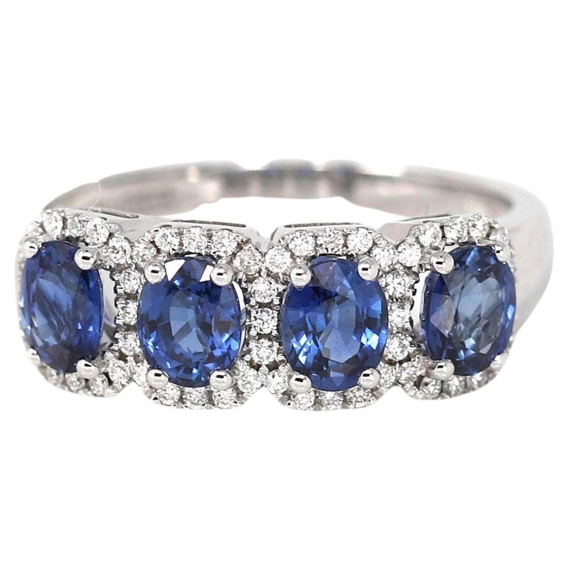 18k White Gold Natural Blue Sapphire Four Stones Set Band Ring with Diamonds For Sale