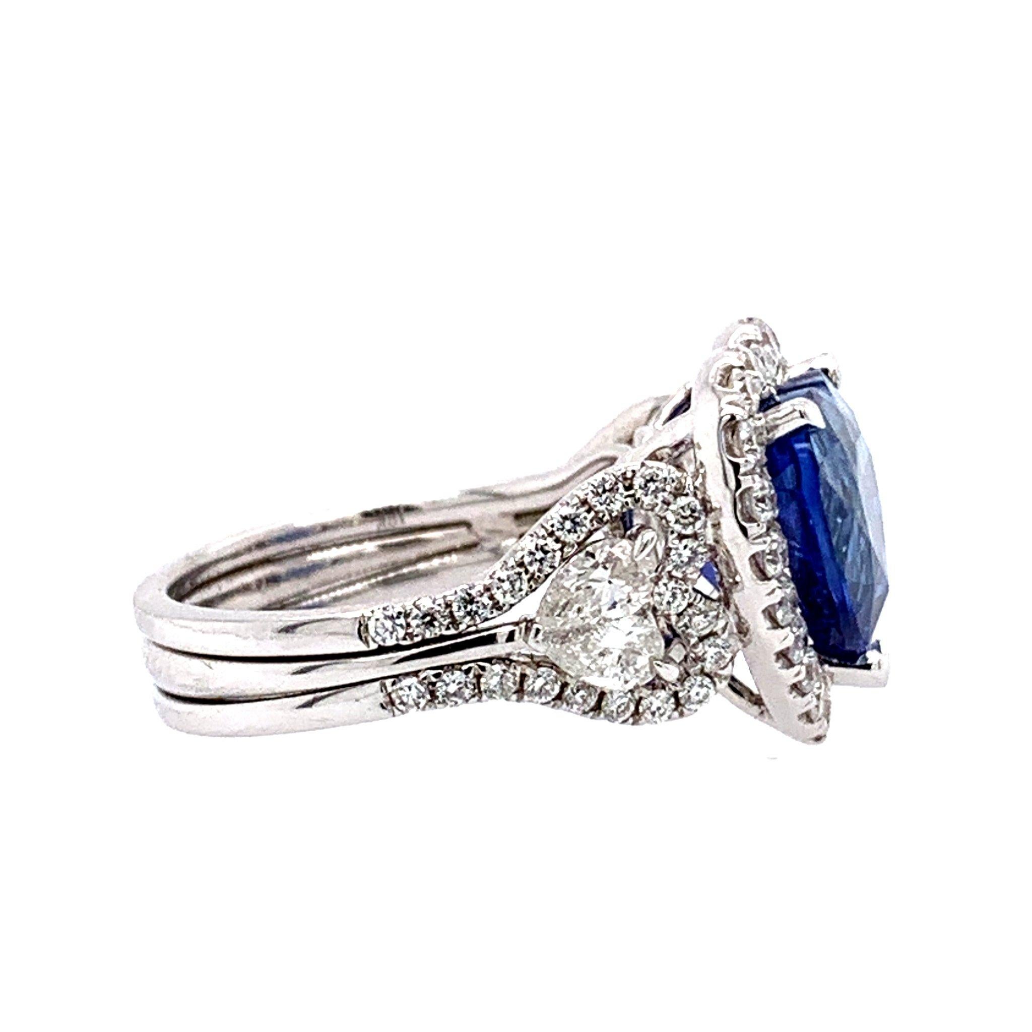 Heart Cut 18K White Gold Natural Blue Sapphire & Halo Diamonds Art Deco Style Ring 5.44ct For Sale