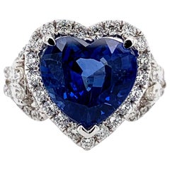 18K White Gold Natural Blue Sapphire & Halo Diamonds Art Deco Style Ring 5.44ct
