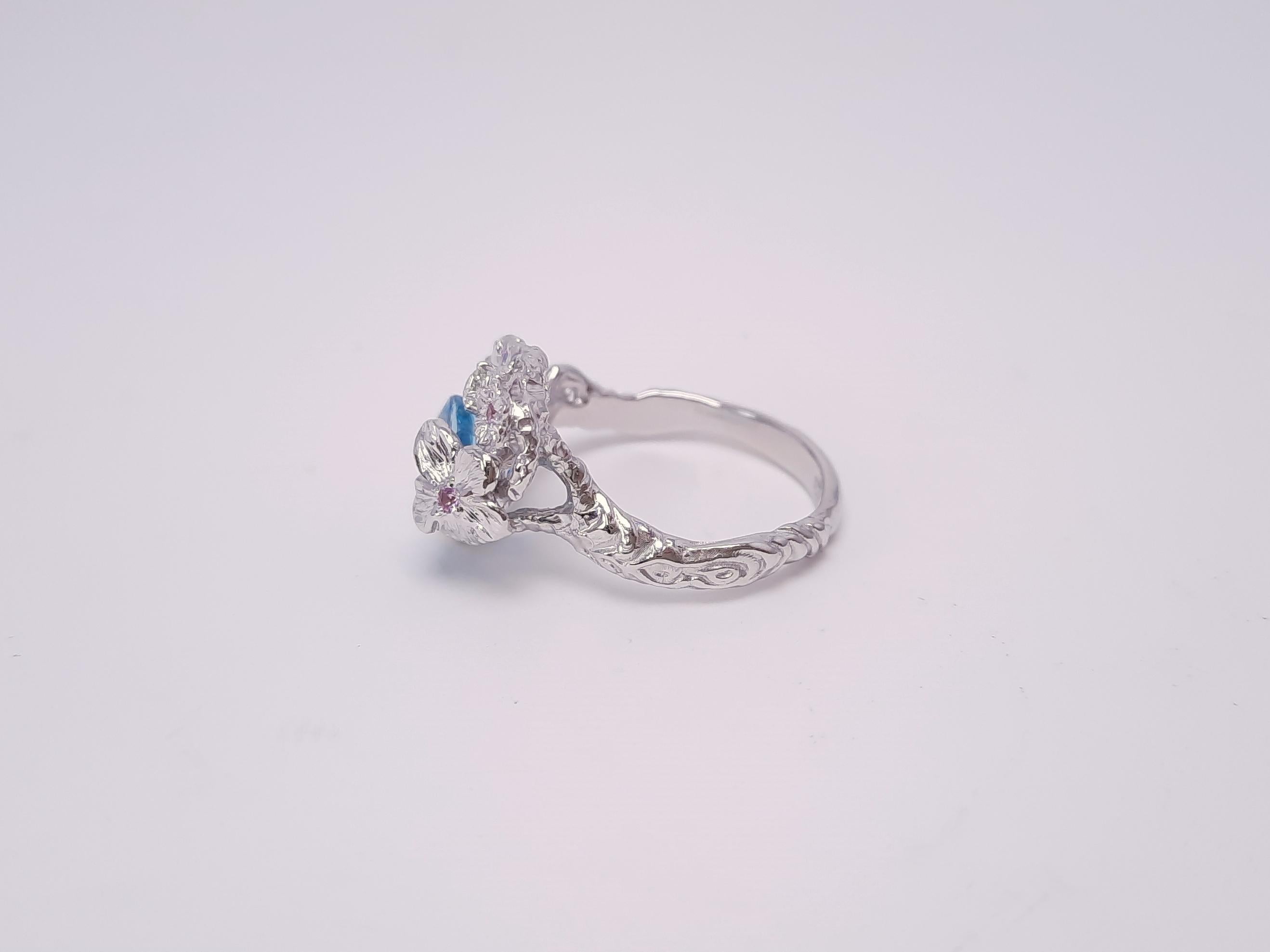 Women's MOISEIKIN Natural Blue Zircon Diamond Handmade White Gold Ring For Sale
