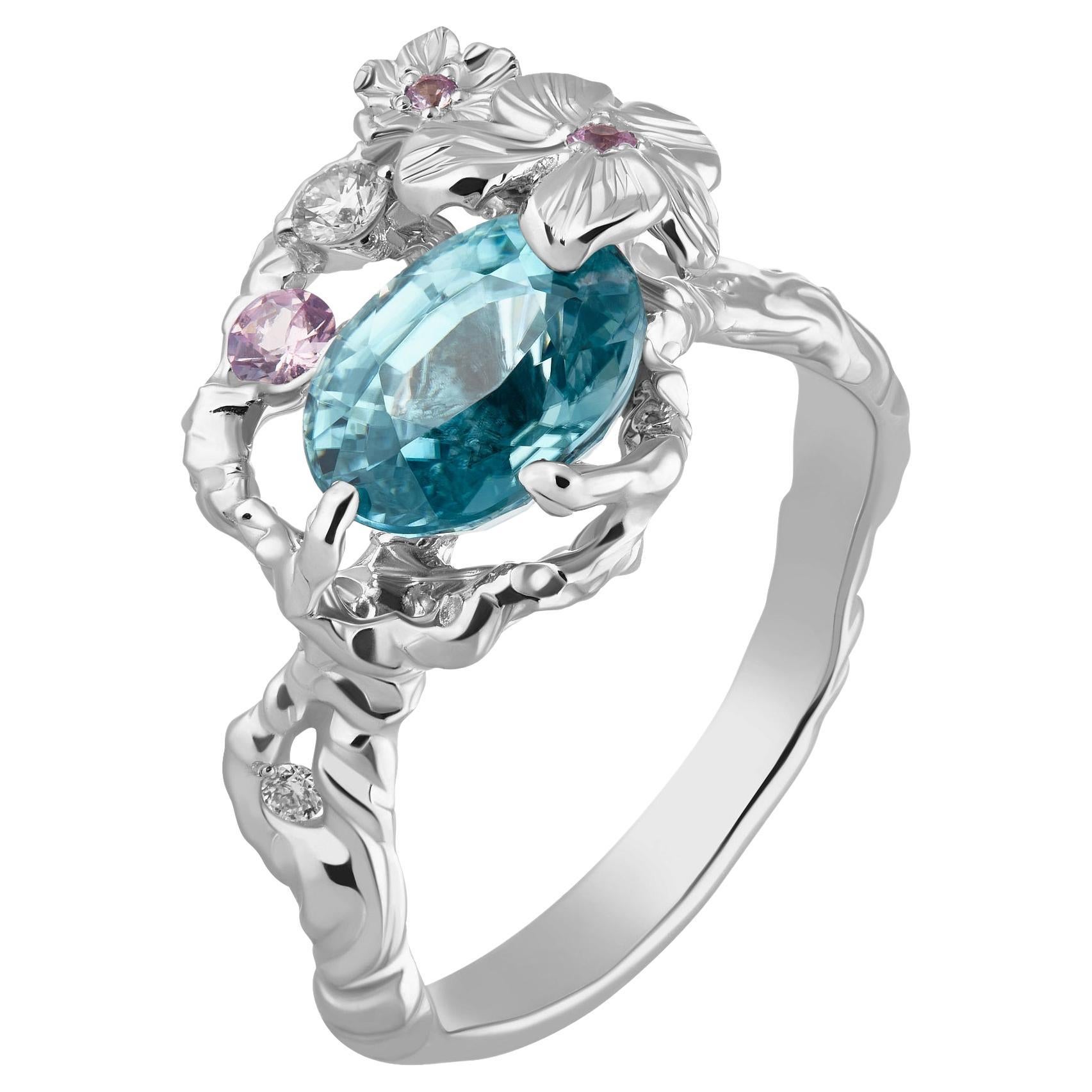 MOISEIKIN Natural Blue Zircon Diamond Handmade White Gold Ring For Sale