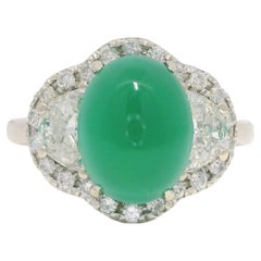 18K White Gold Natural Cabochon Emerald & Half Moon Diamond Side Stone Ring