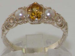 18k White Gold Natural Citrine & Pearl Womens Trilogy Ring - Customizable