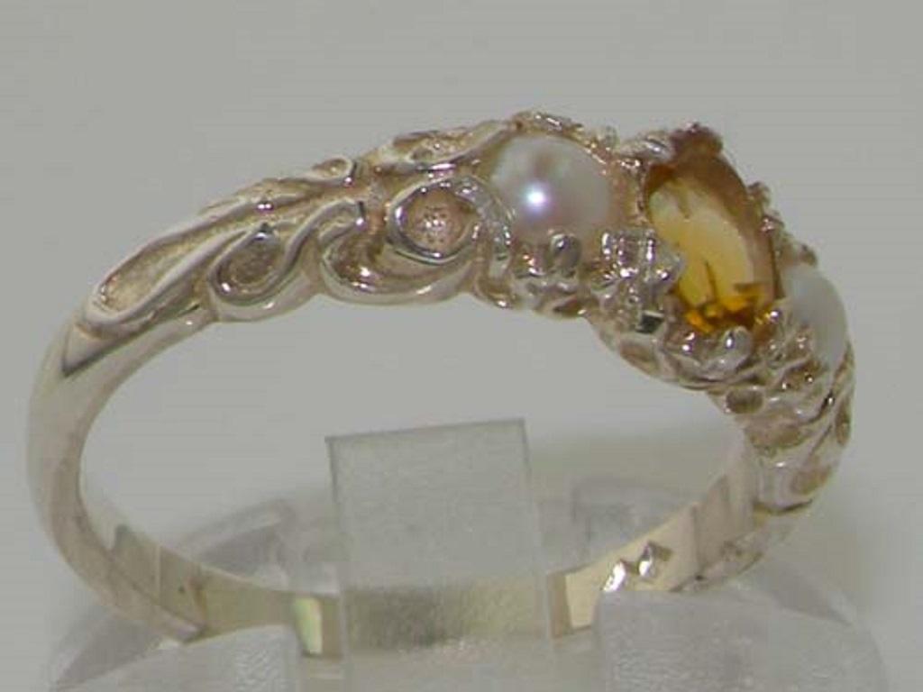 For Sale:  18k White Gold Natural Citrine & Pearl Womens Trilogy Ring - Customizable 3