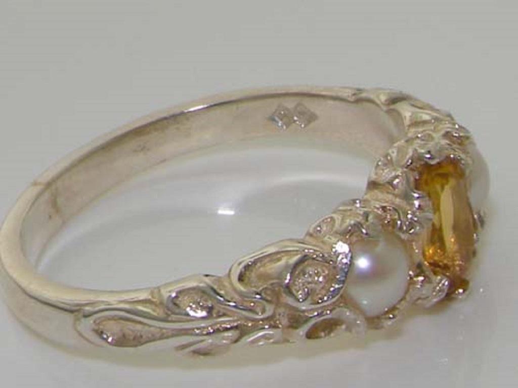For Sale:  18k White Gold Natural Citrine & Pearl Womens Trilogy Ring - Customizable 4