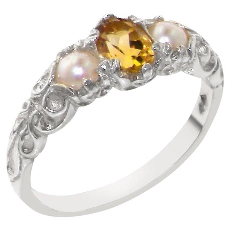 18k White Gold Natural Citrine & Pearl Womens Trilogy Ring - Customizable