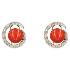 18K White Gold Natural Coral and Diamonds Stud Earrings