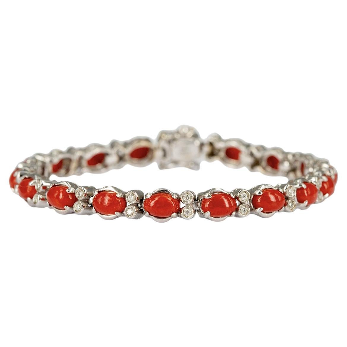 18K White Gold Natural Coral and Diamonds Tennis Bracelet For Sale