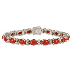 18K White Gold Natural Coral and Diamonds Tennis Bracelet