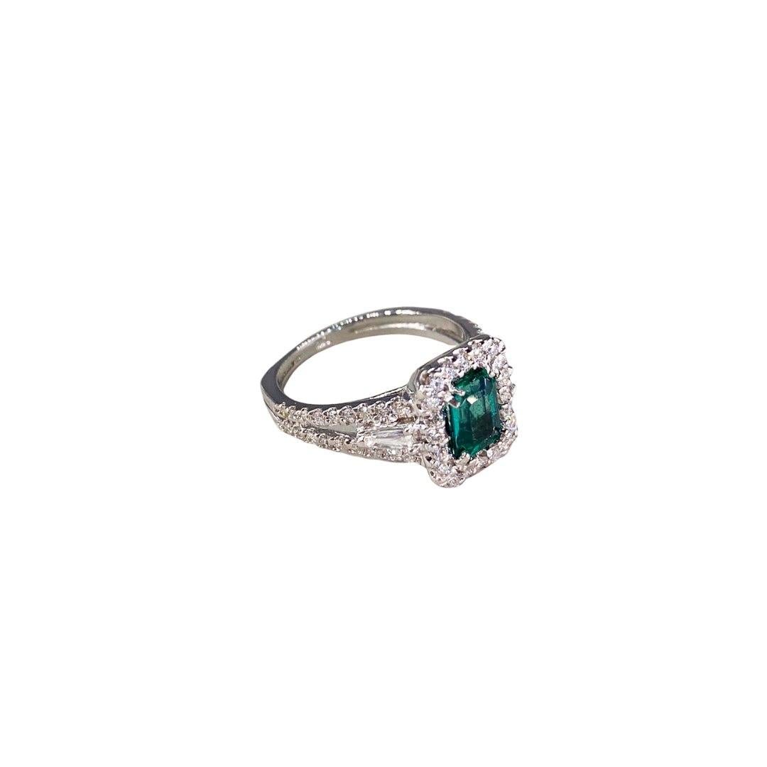 Ring White Gold 18 K

Ring Size: 6.25 
Total Ring Weight: 7.5 Grams
Total Natural diamond weight is 1.50carat.
SI1-SI2 clarity / G-H color
Total Natural Emerald Weight is 1.80ct (Measures: 7.97x6.10mm)

With a heritage of ancient fine Swiss jewelry