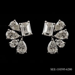 18K White Gold Natural Diamond 1.57 Ct Emerald Cut Pear Shape Cluster Earrings