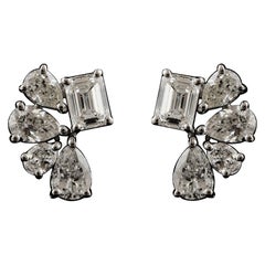 18K White Gold Natural Diamond 1.57 Ct Emerald Cut Pear Shape Cluster Earrings