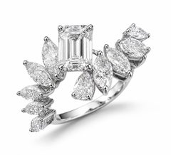 Natural Diamond Emerald Cut Floral Cluster Ring 1.71 Ct 18K White Gold Statement