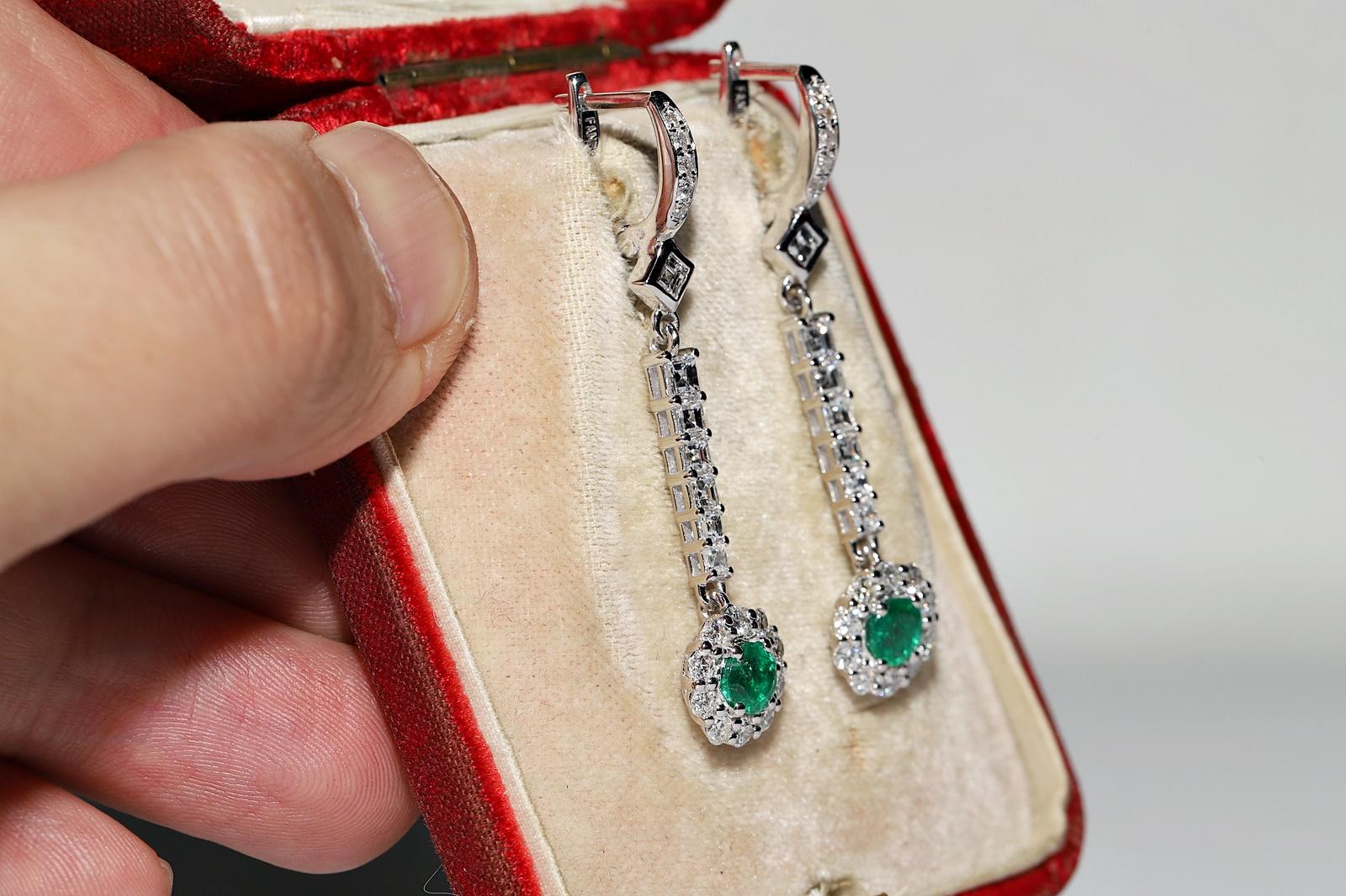 Modern 18k White Gold Natural Diamond And Emerald  Decorated Drop Earring  For Sale