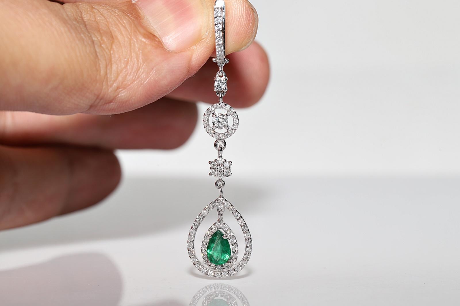 18k White Gold Natural Diamond And Emerald Decorated Drop Earring In Good Condition For Sale In Fatih/İstanbul, 34