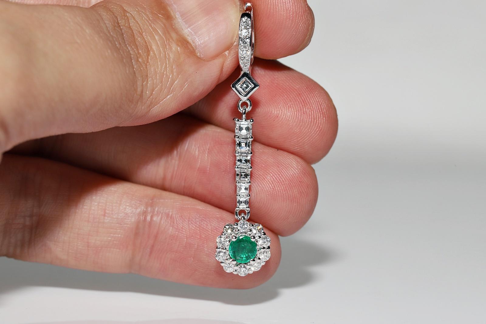 Women's 18k White Gold Natural Diamond And Emerald  Decorated Drop Earring  For Sale