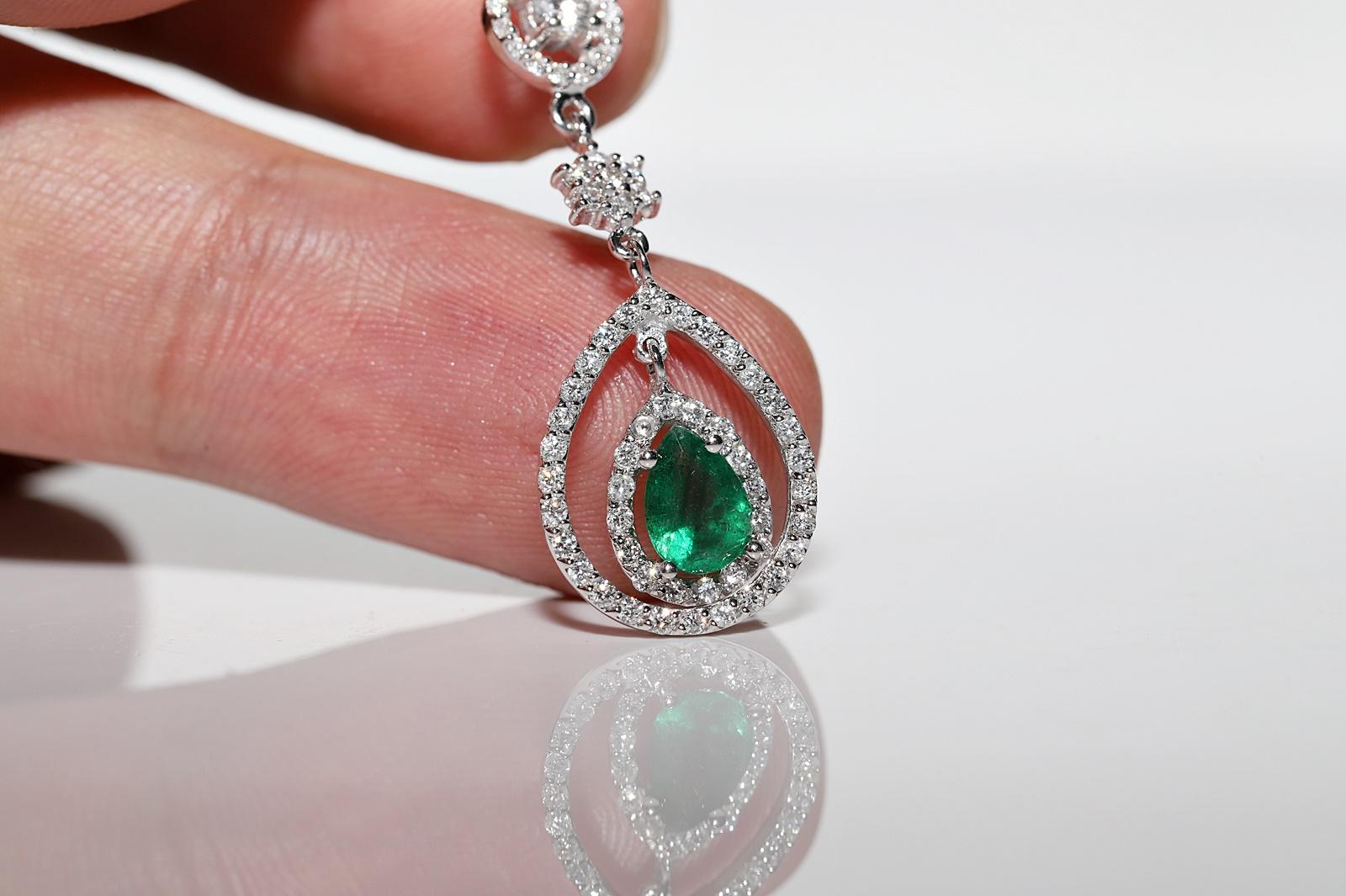 18k White Gold Natural Diamond And Emerald Decorated Drop Earring For Sale 1