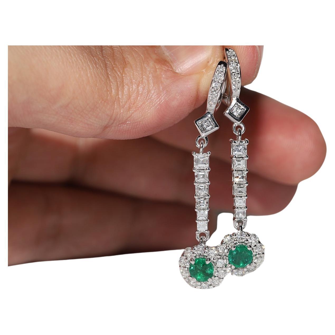 18k White Gold Natural Diamond And Emerald  Decorated Drop Earring 