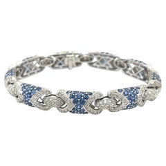18k White Gold Natural Diamond and Natural Blue Sapphire Pave Set Bracelet