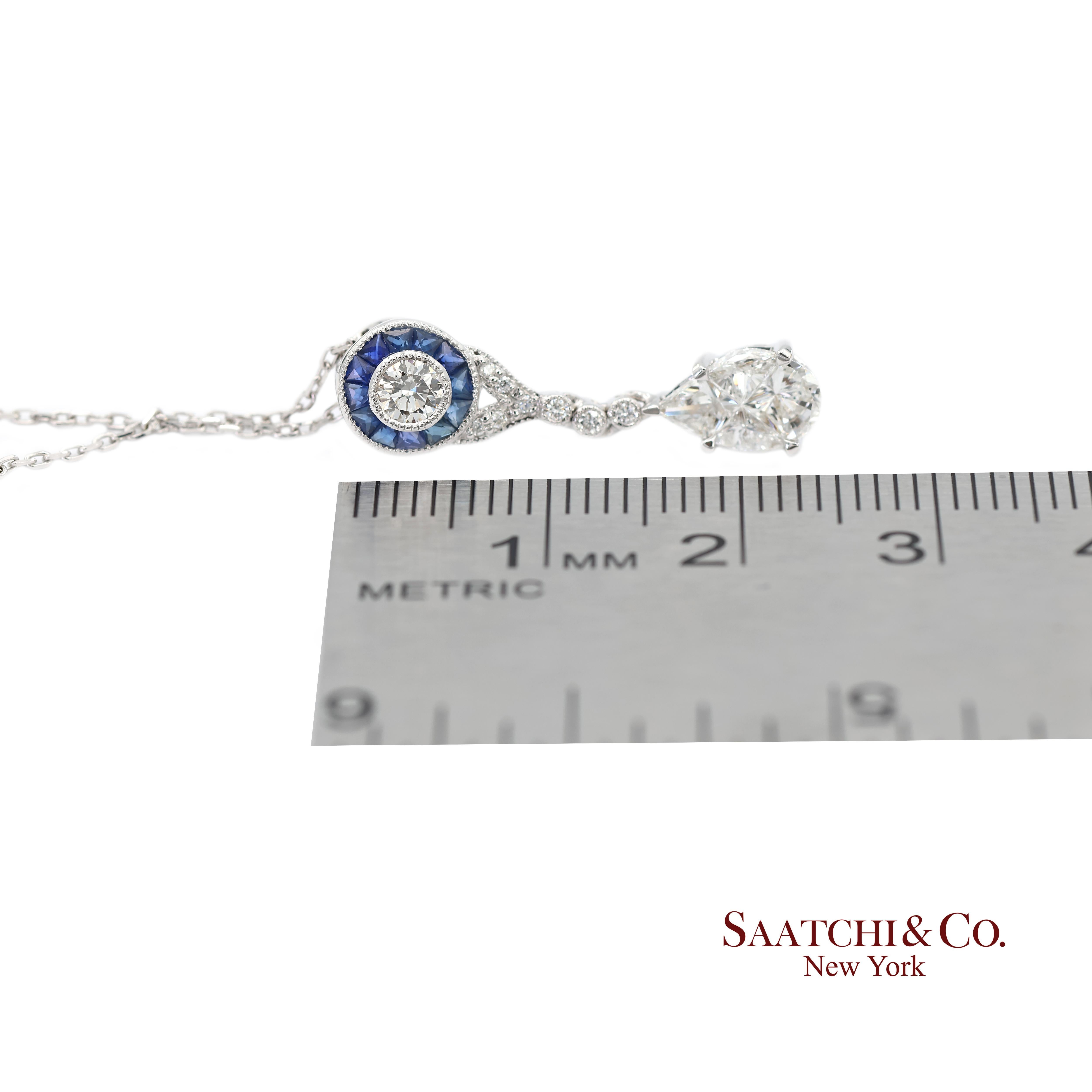 Pendentif en or blanc 18 carats diamant naturel et saphir taille pie avec chaîne en or 14 carats en vente 4