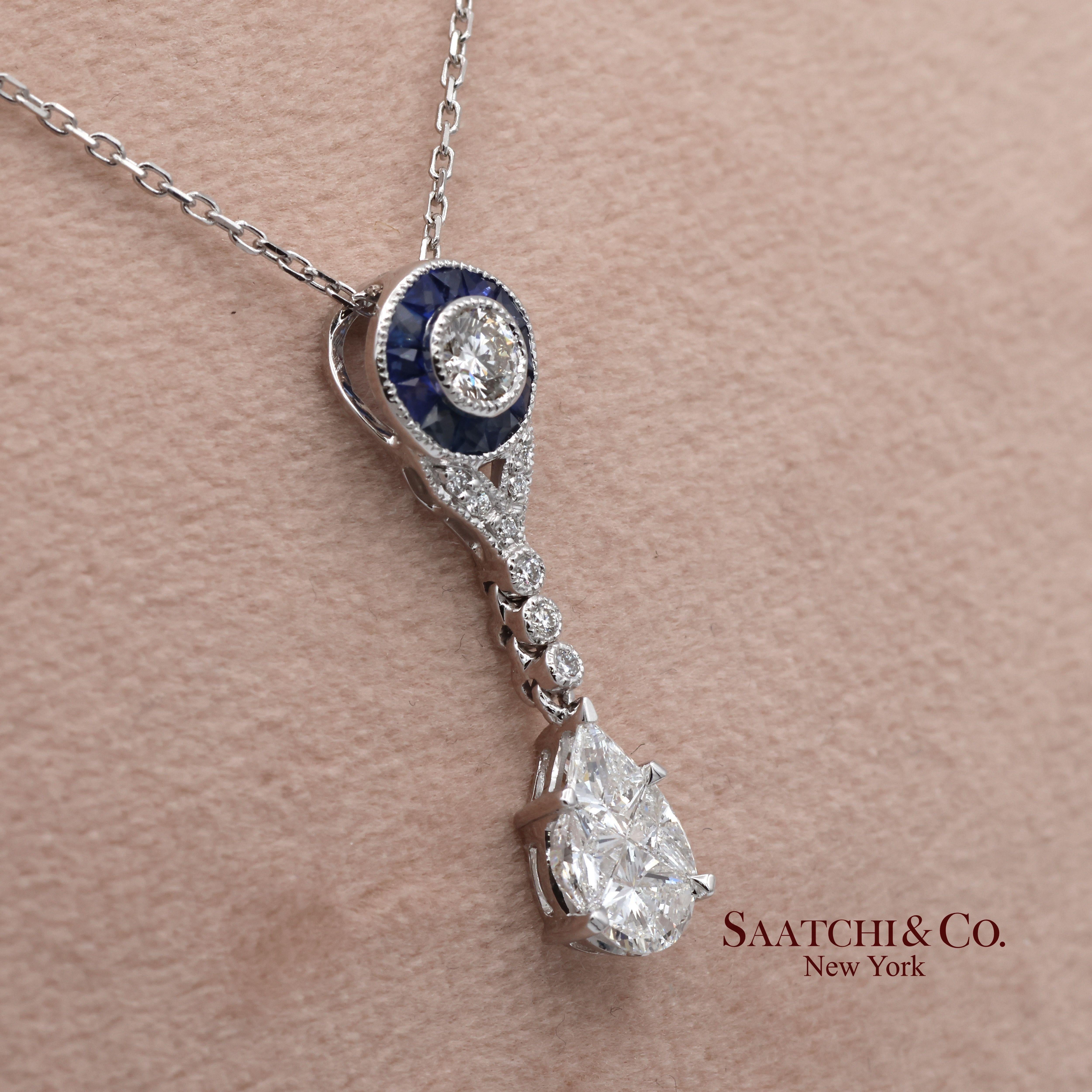 Pendentif en or blanc 18 carats diamant naturel et saphir taille pie avec chaîne en or 14 carats Neuf - En vente à New York, NY