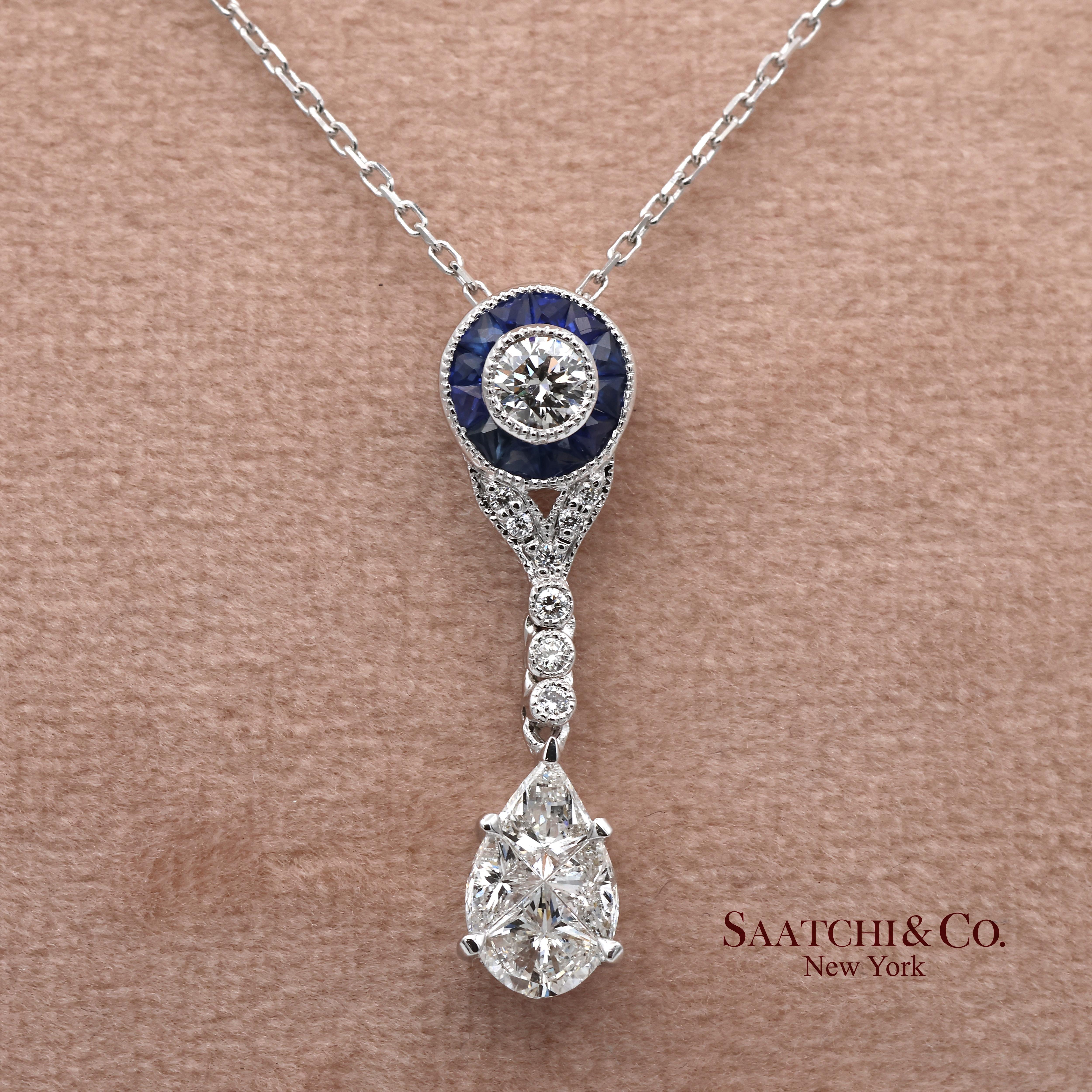 Pendentif en or blanc 18 carats diamant naturel et saphir taille pie avec chaîne en or 14 carats Pour femmes en vente