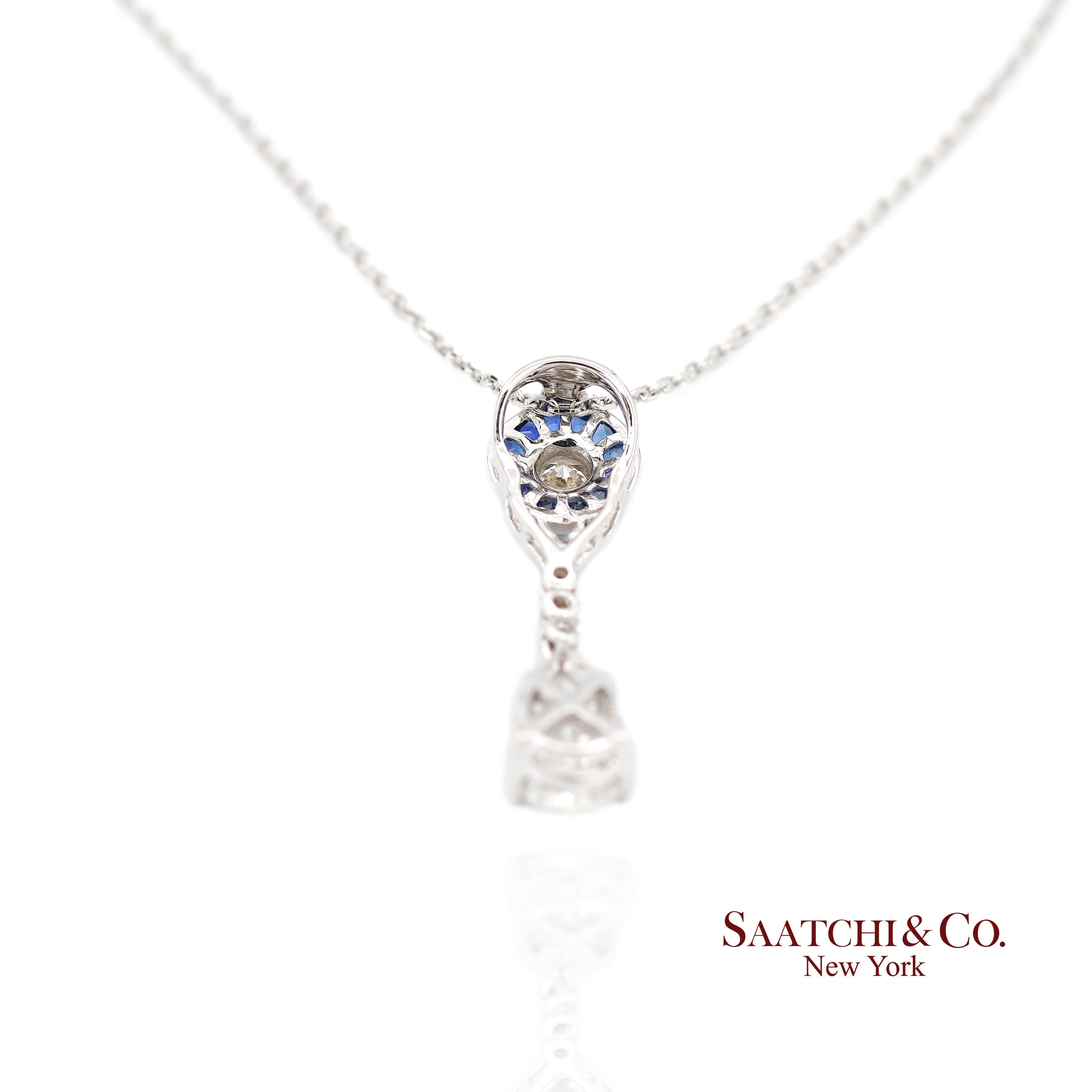 Pendentif en or blanc 18 carats diamant naturel et saphir taille pie avec chaîne en or 14 carats en vente 1