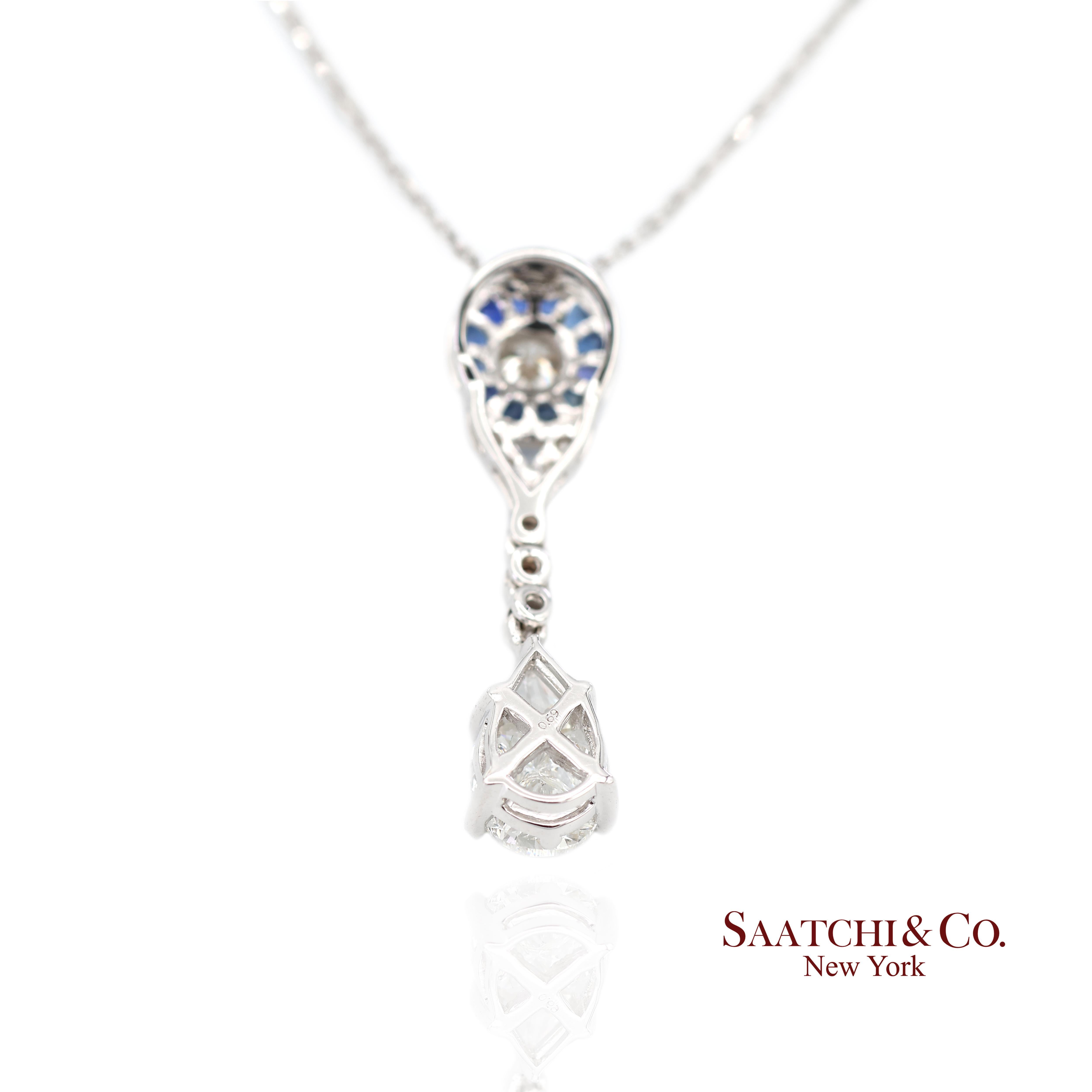 Pendentif en or blanc 18 carats diamant naturel et saphir taille pie avec chaîne en or 14 carats en vente 2