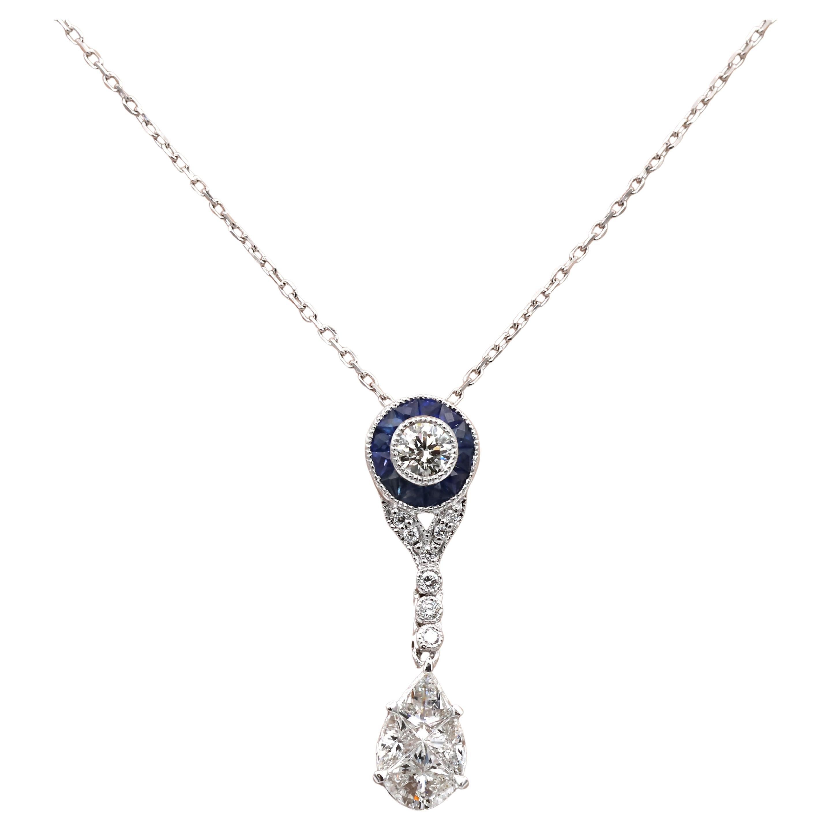Pendentif en or blanc 18 carats diamant naturel et saphir taille pie avec chaîne en or 14 carats