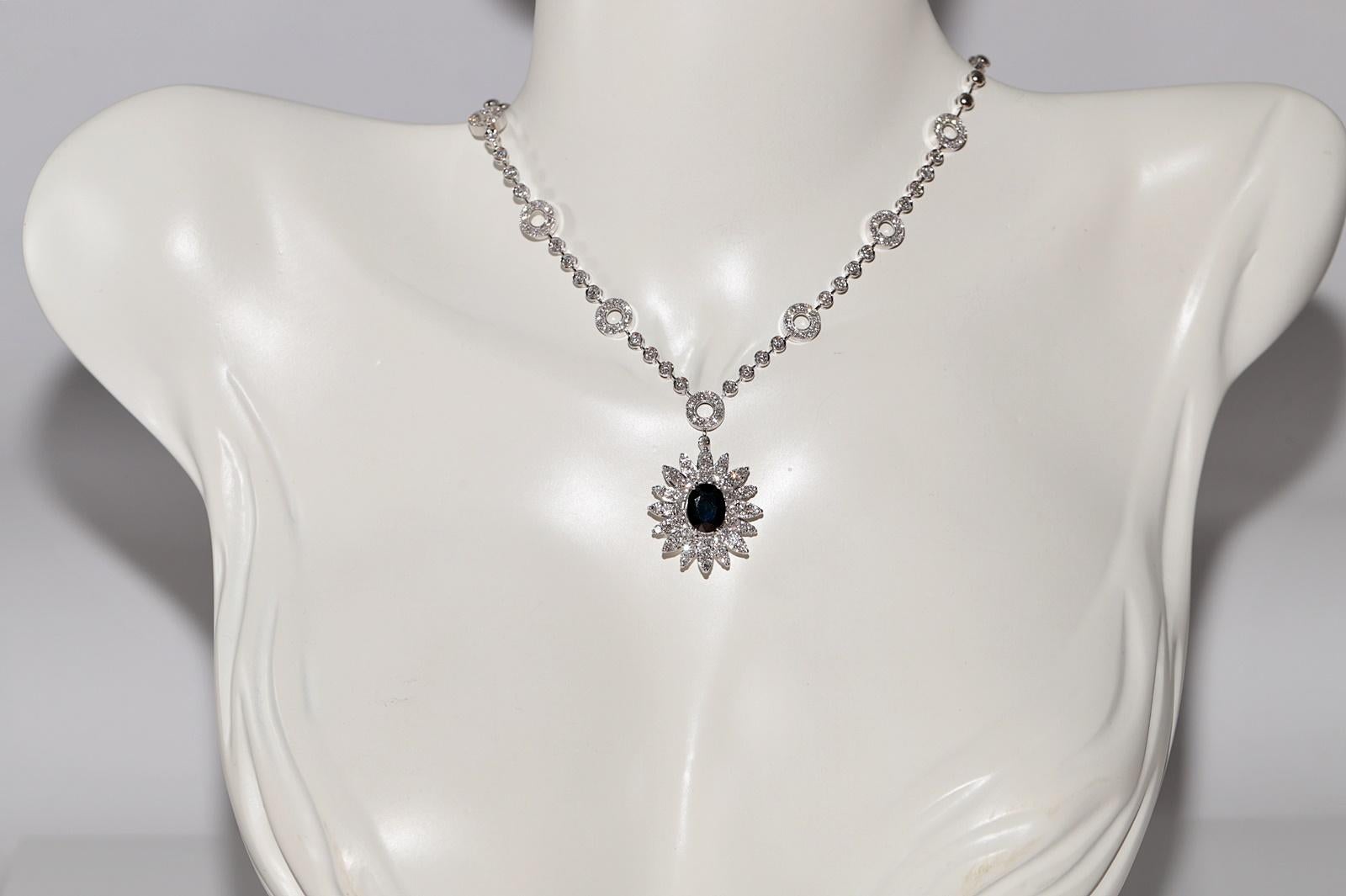 In very good condition.
Total weight 25.6 grams.
Totally is diamond 3.60 ct.
The diamond is has G-H color and vvs-vs-s1 clarity.
Totally is sapphire 2.60 ct.
Total lenght is chain 47 cm.
Please contact for any questions.
